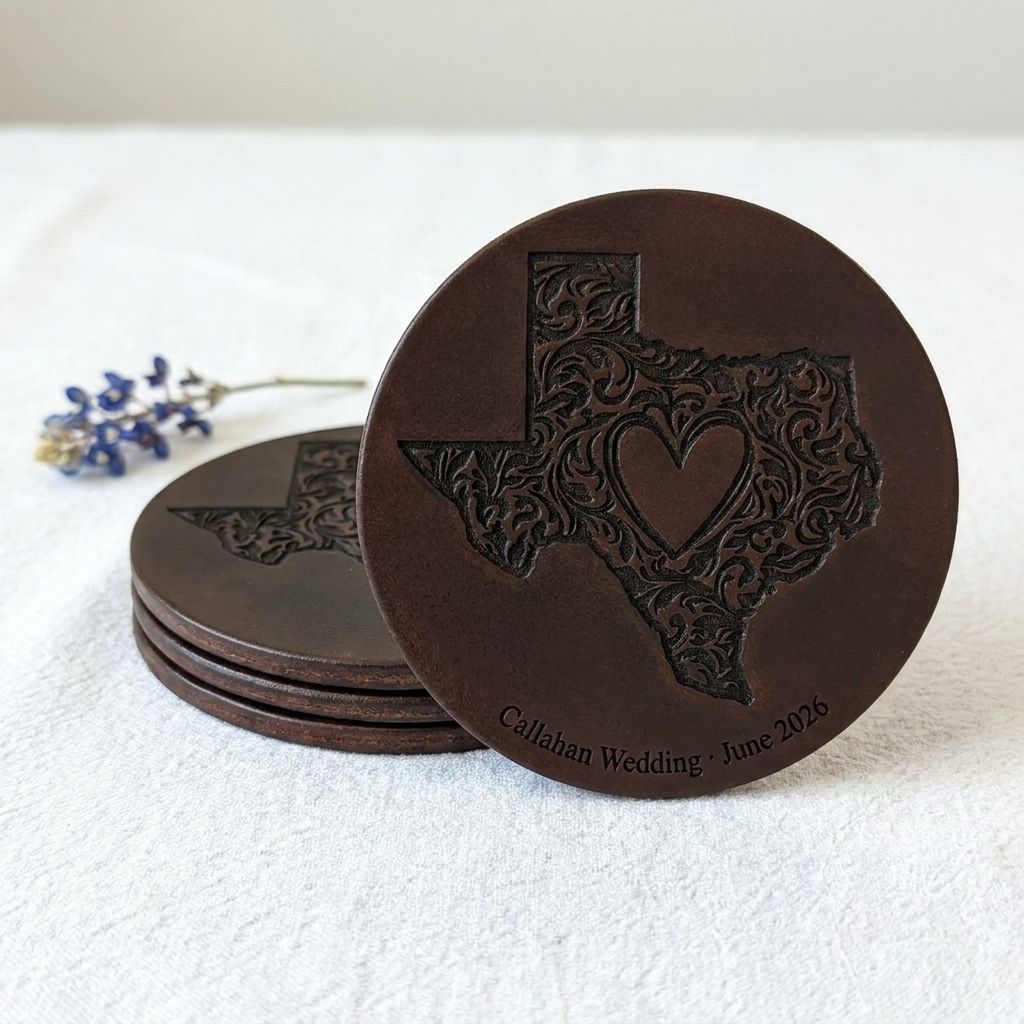 Tooled-Leather Pattern Engraved Coaster Set
