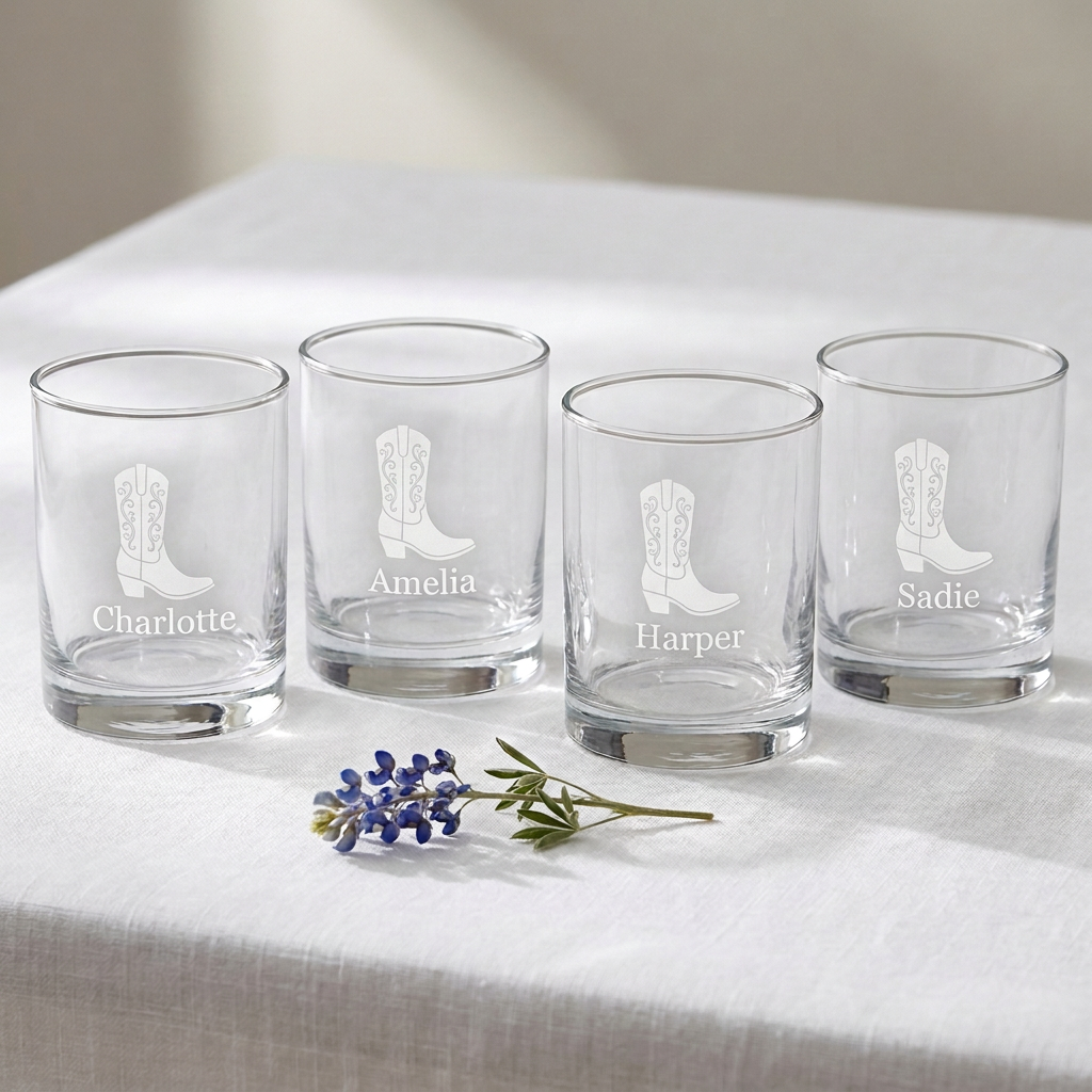 Bridesmaid Whiskey Glass Set (Texas Boot Engraving)