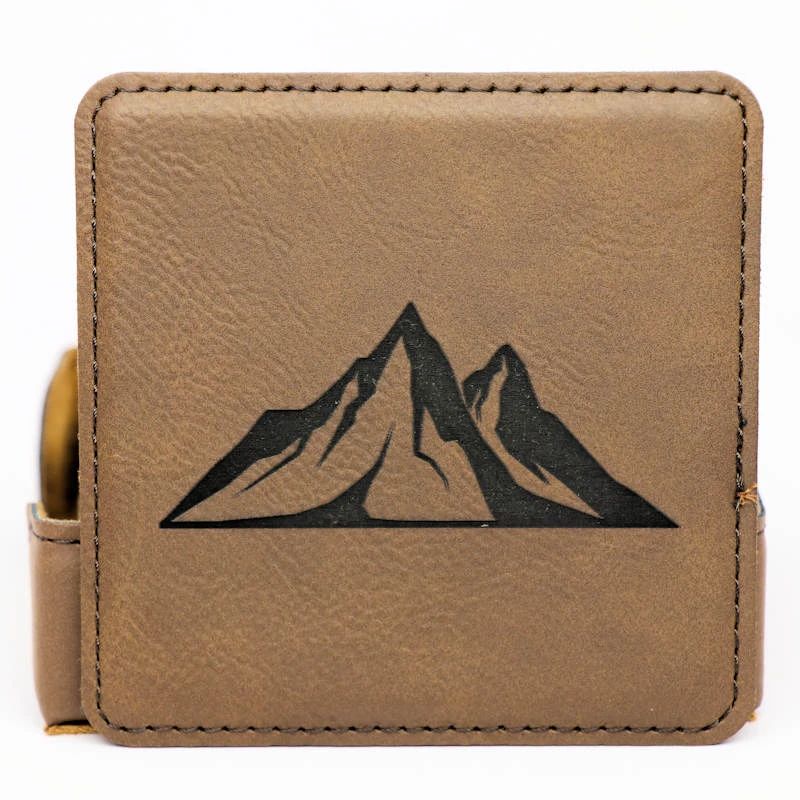 Mountains Square Leatherette Coaster Set - Dark Brown
