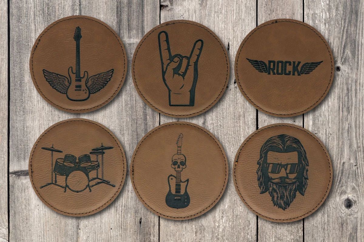 Rock 'n Roll Round Leatherette Coaster Set - Dark Brown