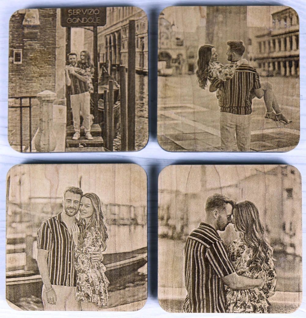 Solid wood coasters custom-engraved with a photo, made by Cool Beams