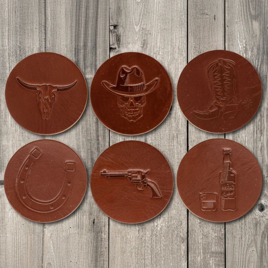 Wild West Premium Leather Coasters - Medium Brown